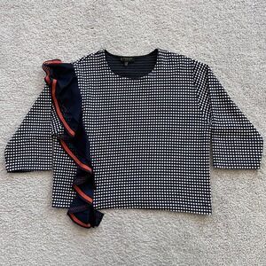 Tricot Chic Checkered Ruffle Knit Top Womens 10 Blue Navy 3/4 Sleeve Pullover